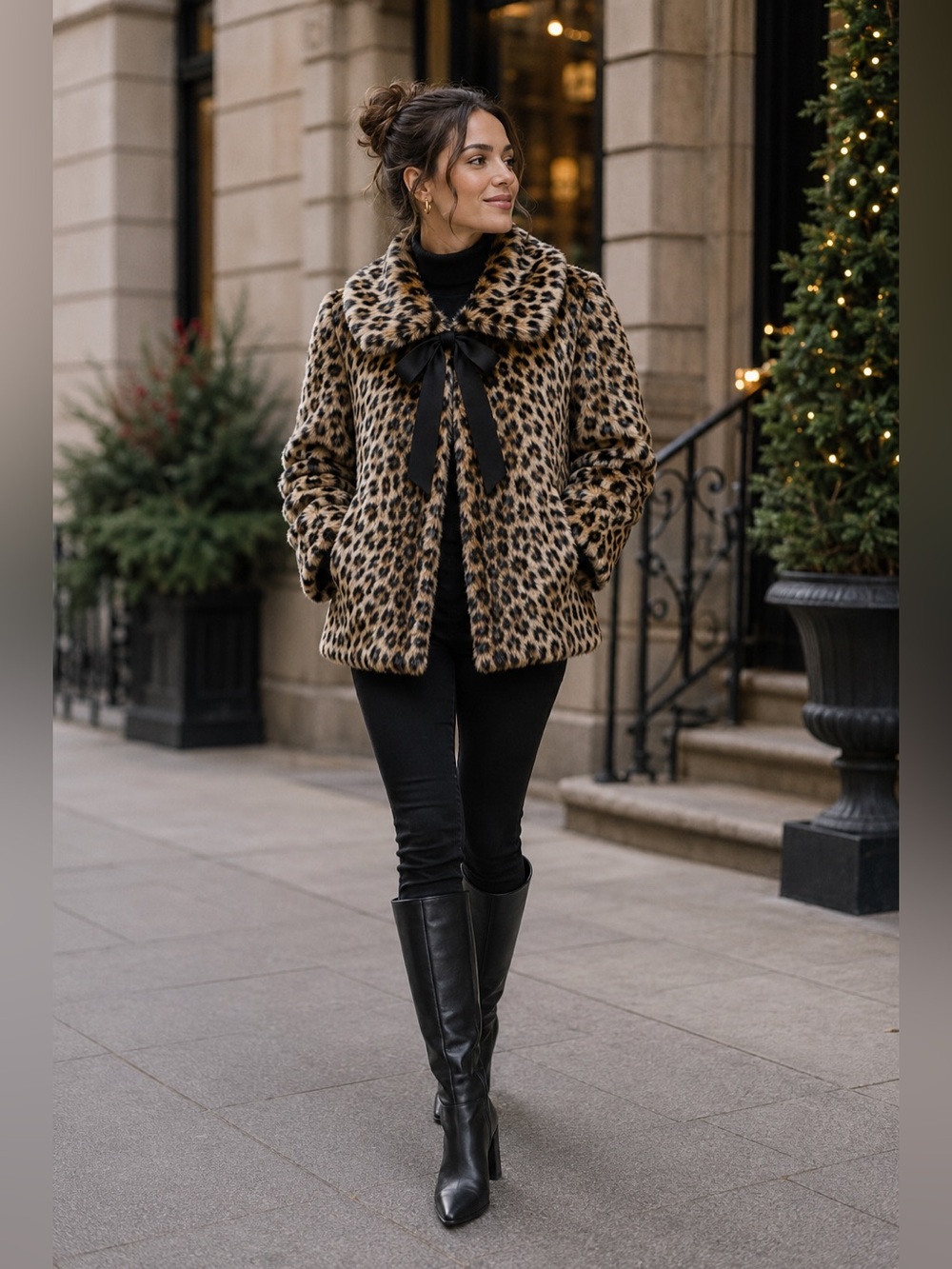 Tahari Leopard Print Faux Fur Cape Jacket Ribbon Tie XS